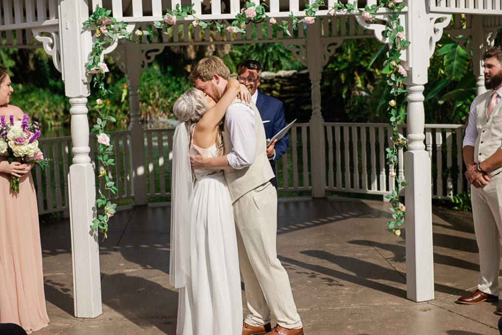 First Kiss at wedding venue Mixton Farms in Tampa Bay with Joyelan Photography