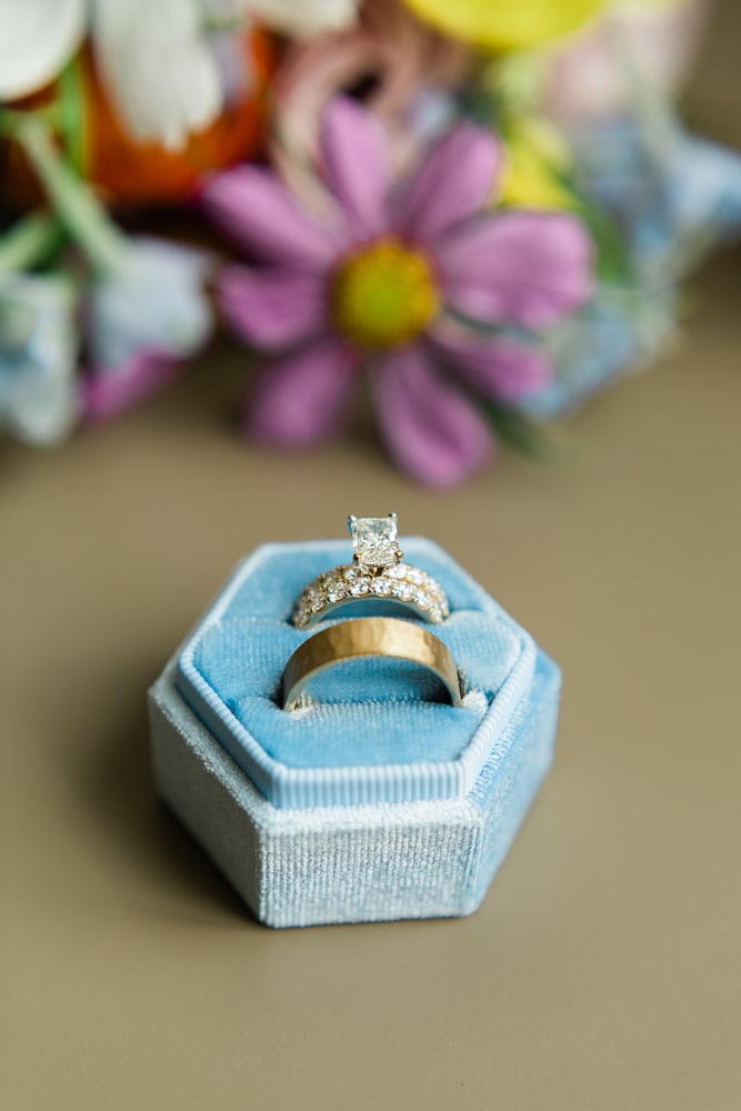 wedding ring in blue box on wedding day