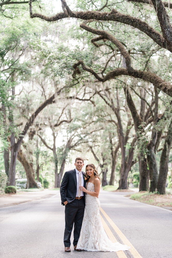 Bride and groom university of florida tree canopy